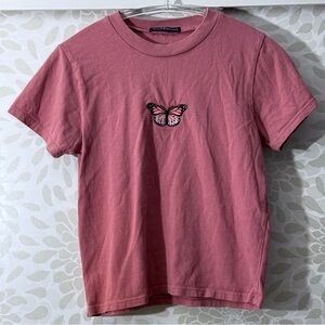 Brandy Melville OS Embroidered Butterfly Pink Short Sleeve Baby Tee T Shirt Top
